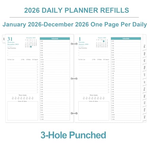 2026 Planner Refill - One Page Per Day, 3-Hole Daily ＆ Monthly Planner Refills, January 2026-December 2026, Prioritized, To-Do List, Notes, Appointment Schedule, Folio Size, 8.5" x 11"