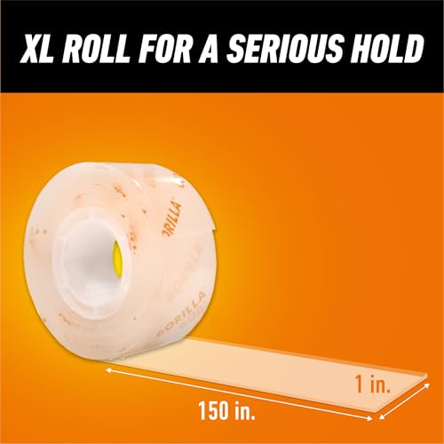 GORILLA Invisible Hold Mounting Tape, 1" x 150", Clear, 4-Pack