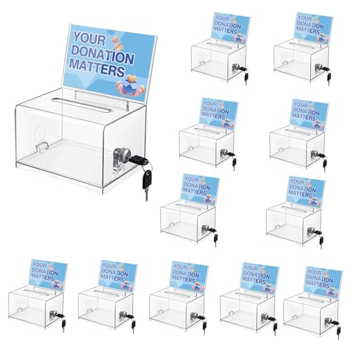 Polmart Tip Box/Suggestion/Business Card Collection Box with Lock (Built-in Sign Holder, Clear Color), 12-Pack