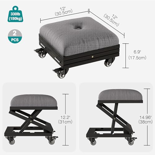 VECELO Foot Rest Under Desk at Work, Height Adjustable Rolling Foot Stool Set of 2 with Wheels, Cushioned Seat for Living Room, Bedroom, Home Office, Grey