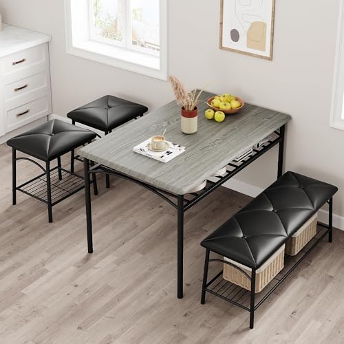IDEALHOUSE Dining Table Set for 4, Kitchen Table with Upholstered Bench and 2 Chairs, Kitchen Table and Chairs Set with Storage Shelf,Small Space Saving Design, Easy Assembly, Retro Gray