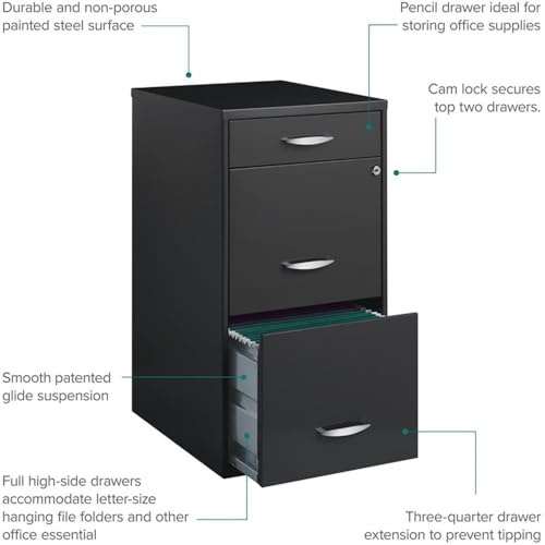 Scranton & Co 3-Drawer Metal Filing Cabinet, 27.32" H x 14.25" W x 18.00" D, Charcoal Finish, Lockable Lateral File Cabinet for Home or Office Organization, Letter Size Hanging File Storage