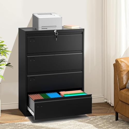 PhoenixCrest 4-Drawer Lateral File Cabinet with Lock, Heavy Duty Metal Office Storage for Letter/Legal/A4 Files, Secure Document Organizer, Easy Assembly, Space-Saving Design (Black)