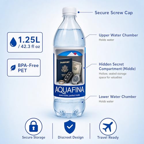 Aquafina Water Bottle Diversion Safe with Hidden Compartment In The Middle - Secret Stash Cup for Cash, Key Cards, Travel & Beach-1.25L (Extra Large)