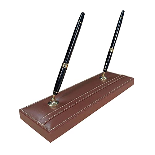 Dacasso Rustic Brown Leather Double Pen Stand with Gold Trim