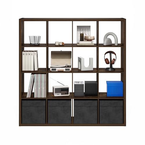 Furinno Cubicle 16-Cube Book Shelf, Extra Thick Frame Bookshelf, Amber Pine