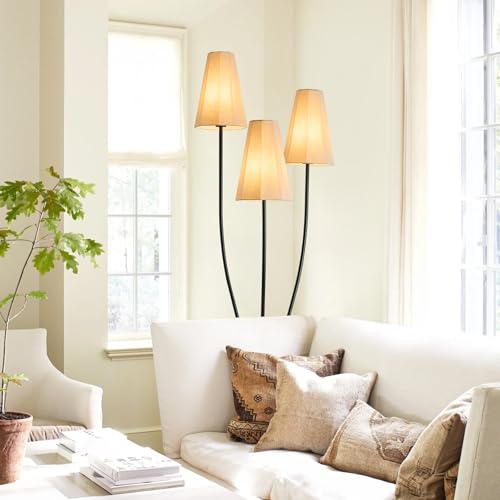 Dimmable Sculptural Vintage Floor Lamp, 3-Light Standing Lamps with Curved Iron Base & Octagonal Linen Shades, Statement Lighting for Living Room, Bedroom, Studio (Remote-Natural Linen Shade)