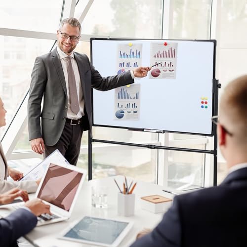 40x28 Inch Rolling Whiteboard,Adjustable Height Standing Easel Whiteboard/Chalkboard on Wheels,Large Magnetic Mobile Easel Board,Double-Sided with Stand for Office,Home Black 70x100 cm