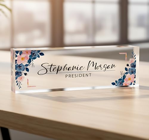 Custom Name Plate for Watercolor Pink Blush Desk – Personalized Office Name Sign with Design – Clear Acrylic Block Nameplate for Teacher, Boss, Principal, Nurse, Office Decor, Door or Wall Display