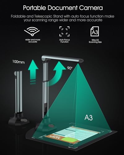 Document Camera 12MP USB A3/A4 Size Portable Book Scanner with Extension Stand OCR Zoom Paint Tool for Teachers Laptop
