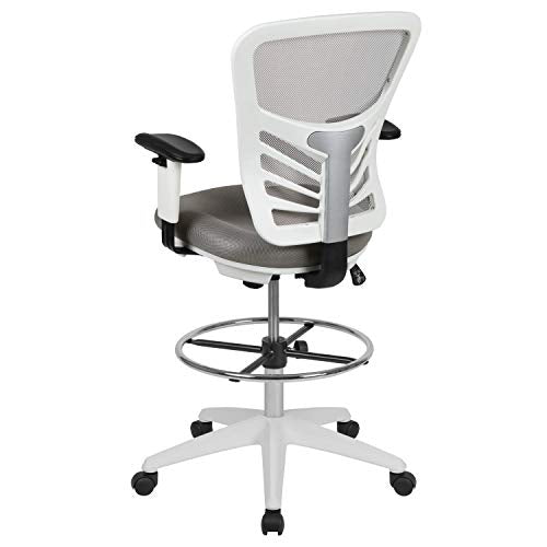 BizChair Mid-Back Gray Mesh/White Frame Adjustable Ergonomic Drafting Chair, Task Chair