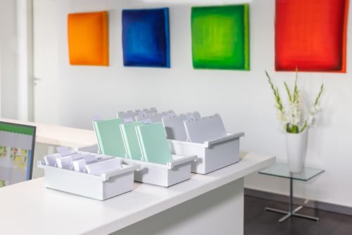 HAN 955-0-1-11, Card index tray A5 portrait. Innovative, attractive design holds 1,300 cards, supplied with 2 support plates with clear file clips, light-grey