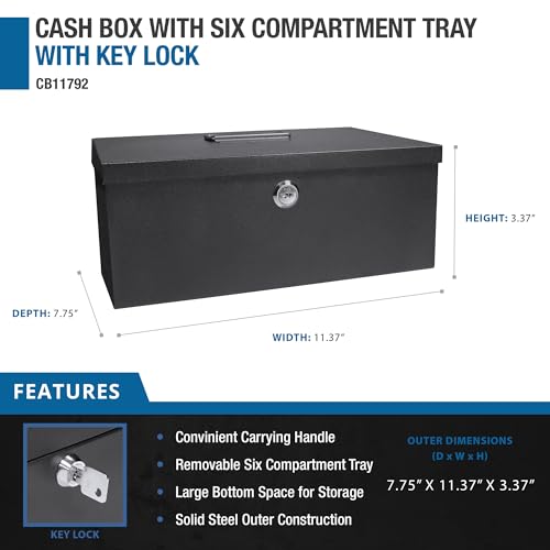 BARSKA 12-Inch Cash Box and 6 Compartment Tray with Key Lock , Black