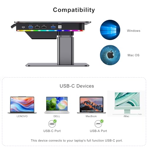 Electric Adjustable Monitor Stand, Computer Monitor Stand with Ambient LED Lighting,44LB Weight Capacity Laptop Stand for 19-40 Inch Monitor&10-16 Inch Computer MacBook Air/Pro, Dell, HP, Asus, Lenovo