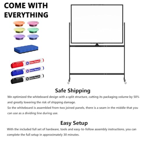 Large Rolling Whiteboard on Wheels, 48" x 36" Double-Sided Mobile White Board with Stand, 4' x 3' Portable Standing Magnetic Dry Erase Board Easel for Home Office Classroom School, Black