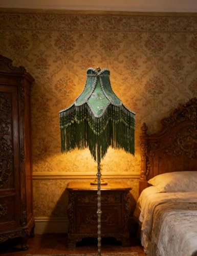 Sofyee Victorian Floor Lamp with Beaded Fringe, Green Fabric Shade, Brass Base, Ornate Vintage Style