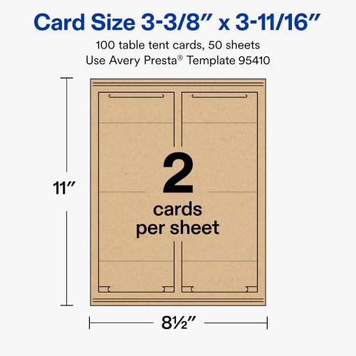 Avery Printable Rectangle Table Tent Cards, 3-3/8" x 3-11/16", Matte Kraft Brown, Sure Feed Technology, Print-To-The-Edge Capability, Laser/Inkjet Compatible, 100 Total