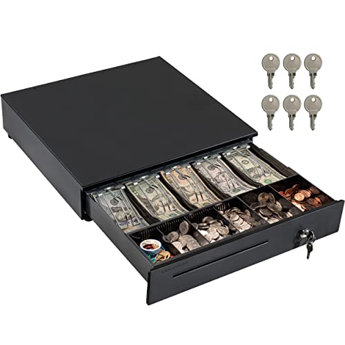 Volcora Cash Register Drawer for Point of Sale (POS) System with Removable Coin Slots, 5 Bill/6 Coin, 12-24V, RJ11/RJ12 Key-Lock, Media Slot, Black