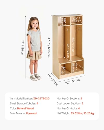 VEVOR 2-Section Coat Locker with Bench, Kids Lockers with 4 Hooks & Non-Slip Mat, Classroom Cubbies for Daycare, Home, Kindergarten- Natural