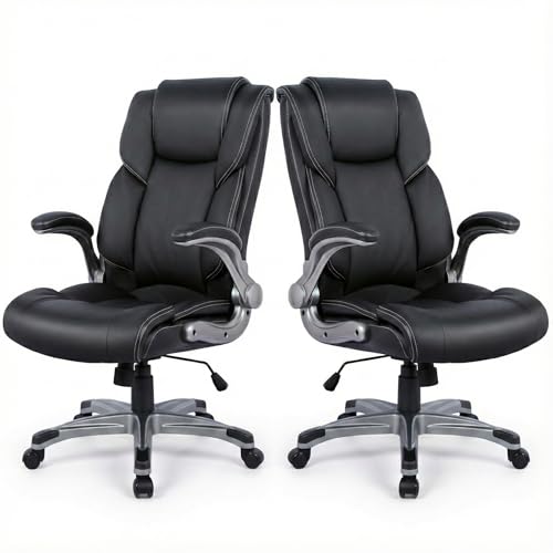 Ergonomic Executive Office Chair with Lumbar Support, Flip-Up Arms, Bonded Leather High Back Desk Chair for Home Office & Workstation, Comfortable Computer Chair for Adults Men Women – Black Set of 2