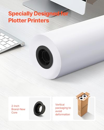 VEVOR Wide Format Paper, 24 in x 300 ft Plotter Roll, 2 Rolls CAD Bond Rolls with 2 in Core, 20 LB Bond Paper Rolls, Ideal for CAD Drawings, Engineering Plans, GIS Maps, and Architectural Designs