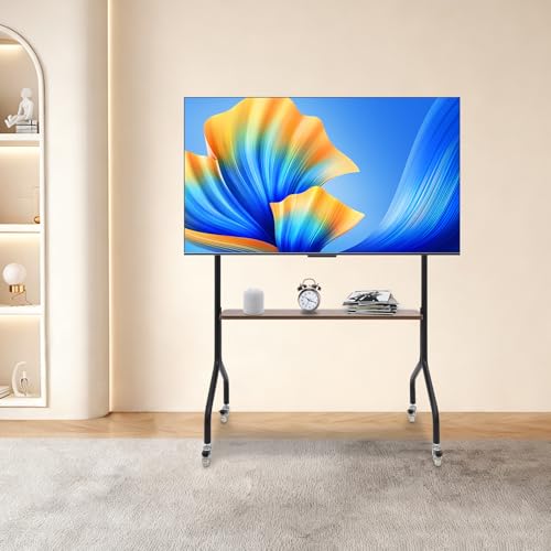 Mobile TV Cart on Locking Wheels, Height Adjustable Rolling Stand for 32-75 inch TVs, 110lbs Load with Sturdy Base & Walnut Storage Shelf, for Home and Office Use