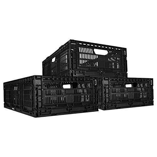JEZERO Medium 3-Pack Collapsible Plastic Storage Crate – Stackable Utility Bin with Folding Walls for Garage, Closet, Car Trunk, and Home Organization | Black, 24" x 16" x 8"