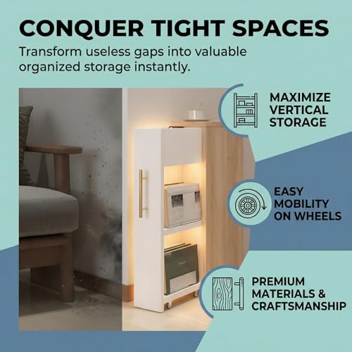 2 Tier Rolling Book Cart with Wheels, Mobile Shelving Unit, Narrow Side Table,Multi Functional Movable Storage Book Rack Bookcase,Small Utility Gap Filler Unit for Living Room, Bedroom, or Kitchen