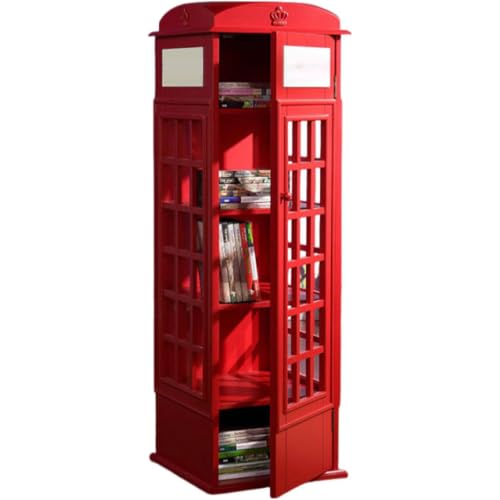 LJLYYDS Wooden Telephone Standing Bookshelf Vintage,5-Tier Wood London Telephones Booth Storage Shelf Cube,Floor Standing Telephone Booth Bookshelf with Acrylic Door for bookstores Red