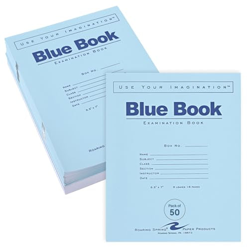 ROARING SPRING Exam Blue Books, 50 School Examination Booklets, 8.5" x 7", 12 Sheets/24 Pages, Wide-Ruled with Margin Student Testbook, Made in USA