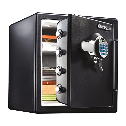 SentrySafe Fireproof and Waterproof Home Safe with Biometric Fingerprint Lock, Keypad, and Key Lock for Securing Money, Jewelry, Documents, 1.23 Cubic Feet, SFW123BTC