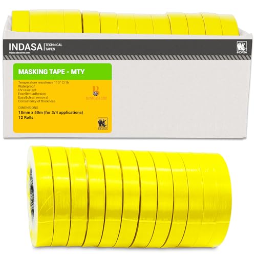 INDASA MTE Yellow 3/4" x 50m Masking Tape, 12 CASE– High-Temp Resistant, No Residue, Clean Removal – Ideal for Automotive, Painting & Industrial