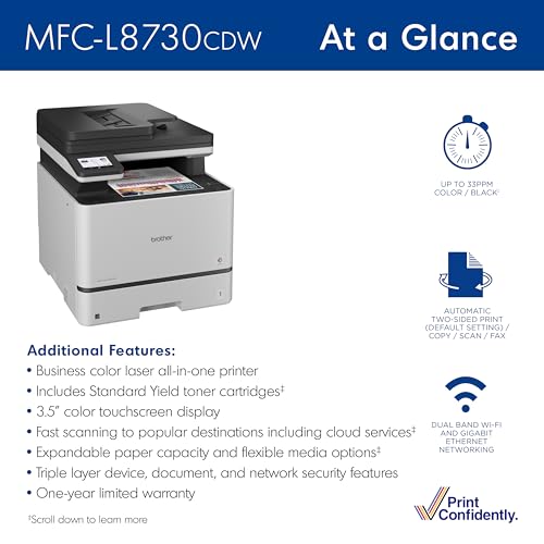 Brother MFC-L8730CDW Business Color Laser All-in-One Printer, Duplex Print, Scan, Copy, Wireless, Advanced Security