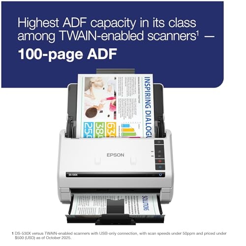 Epson DS-530X Color Duplex Desktop Document Scanner, up to 45 ppm, USB Connectivity, 100-Page Auto Document Feeder (ADF), Twain and ISIS Drivers