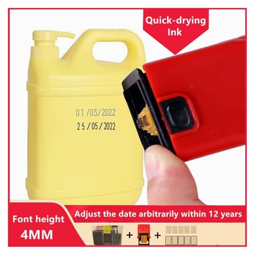 TECJHJZ Label Printer, Handheld Mini Bottle Metal Can Food Plastic Bag Date Stamp Black Quick-Drying Ink Seal Stamping Printer Dot Matrix Font High-Resolution Printing Effect