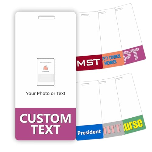 Custom Badge Buddy - 50 Pack, Vertical - Multiple Colors and Fonts, Personalized Print On Both Sides Durable and Water Resistant Ideal for Teachers, Nurses, Doctors, Healthcare