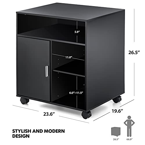 FITUEYES Mobile Wood Printer Stand with Cabinet & Adjustable Shelves, Black