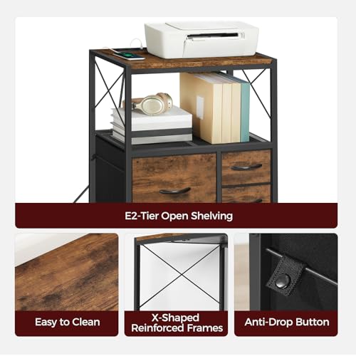 MAHANCRIS File Cabinet with Charging Station, 3 Drawer Lateral Filing Cabinet for Home Office, Mobile Printer Stand with Open Shelf, Fits A4/Letter Size File, Nonwovens Drawer, Rustic Brown FCHR98E01