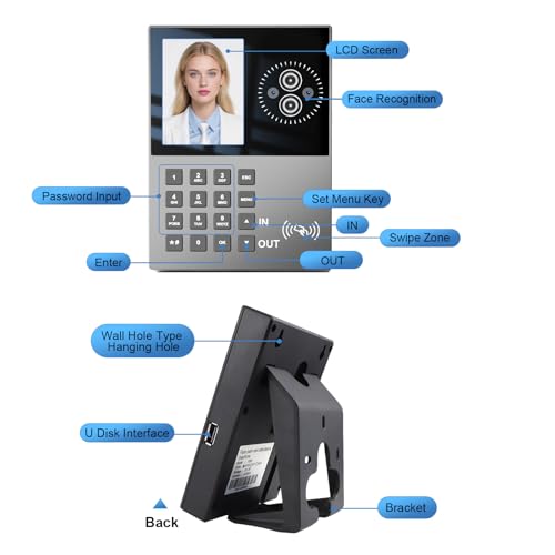 JIAN BOLAND Employee Time Clock-Time Clocks for Employees Small Business Face Recognition,Badges&PIN Attendance Machine, 0 Monthly Fee Office in/Out Punch Clock, with 5 Badges & USB Flash Drive-T500