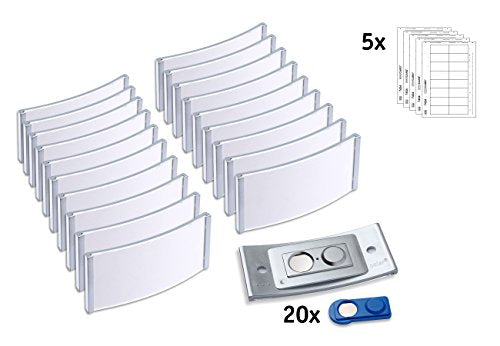 Badgepoint Name Plate Complete Set (20 Signs Including Print Sheet and Templates for PC, 80 x 34 mm, Matte Stainless Steel, Self-Writing, Magnetic Name Tags for Clothes, Non-Slip)