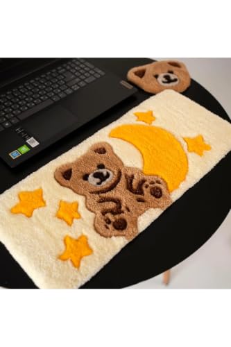 Teddy Bear Keyboard Wrist Rest Pad Tufted Keyboard Mat Non-Slip Base for Desk Comfort Ergonomic Support Soft Acrylic Yarn Handmade for Office Home Decor 15.7 x 7.9 inches - Ecru, 39x79 inch