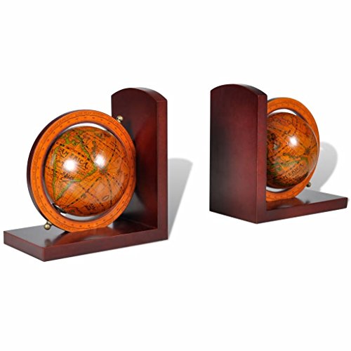 Tidyard Decorative Globe Bookends, World Map Design, Brown MDF, Polished Finish for Office, Home Library, Bookshelf