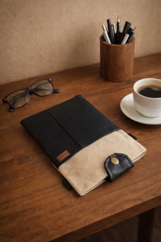 Book Cover Case for Planners and Notebooks Multifunctional Pocket Bag Black Faux Leather and Woven Fabric Design Handmade