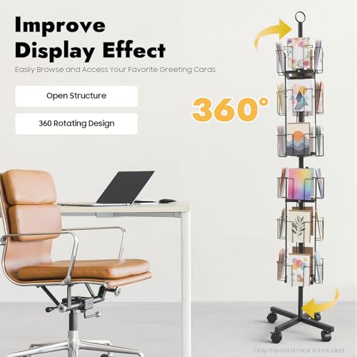 6 Tiers 24 Greeting Card Display Stand, Rotating Greeting Card Rack, 360° Rotating Floor Rolling Postcard Rack, Portable Postcard Holder w/4 Universal Wheels for Classrooms Offices Libraries (Black)