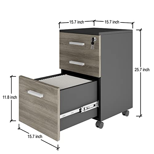 Modern Design Lazio File Cabinet, Filing Cabinets for Home Office, Drawers for Under Desk, Locking 3 Drawer Rolling Wood Filing Cabinet with Lock, Black and Grey, by Crafts and Comfort