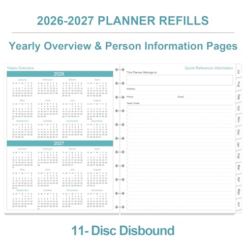 2026-2027 Planner Refills, 11-Disc Discbound One Page Per Day, Daily ＆ Monthly Planner Refill from July 2026 - June 2027, Letter Size, 8.5" x 11"