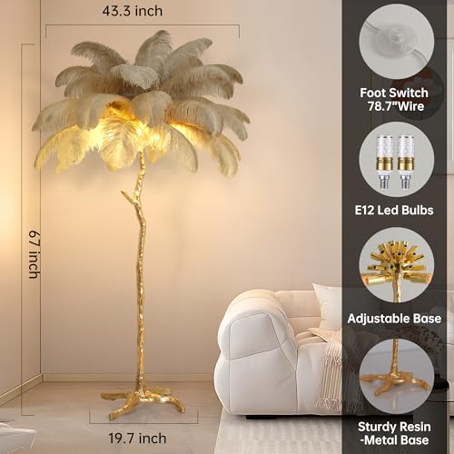 MAYOLA Luxury Resin Ostrich Feather Lamp, 35 Pieces Real Ostrich Feathers,Floor Lamp for Living Room, Bedroom and Office 67” Tall Feather Lamp(Ostrich Color, Floor Lamp)