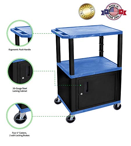 Luxor 42"H Rolling Electric Audio Video Presentation Cart with 3 Shelves and Cabinet - Black Legs