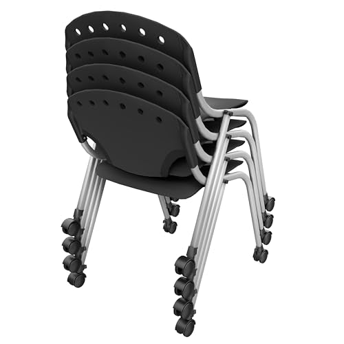 Romig Rico Mobile Armless Stack Chair – Black Classroom & Training Room Chair with Rolling Casters, Ventilated Ergonomic Back, Durable Plastic Seat & Space-Saving Design (4 Pack)