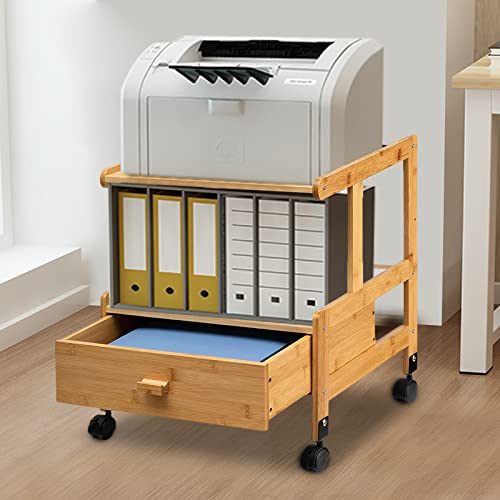 FALUSHAN Wood File Cabinet, Mobile Lateral Filing Cabinet on Wheels Printer Stand with Open Storage Shelves for Home Office (Two Layers with Drawers)